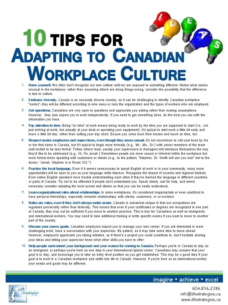 10 Tips For Adapting To Canadian Workplace Culture PDF Gratuity