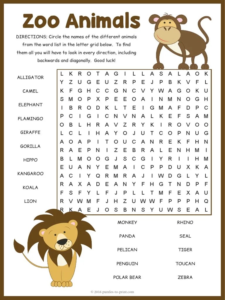 Zoo Animals Word Search | Organisms | Leisure