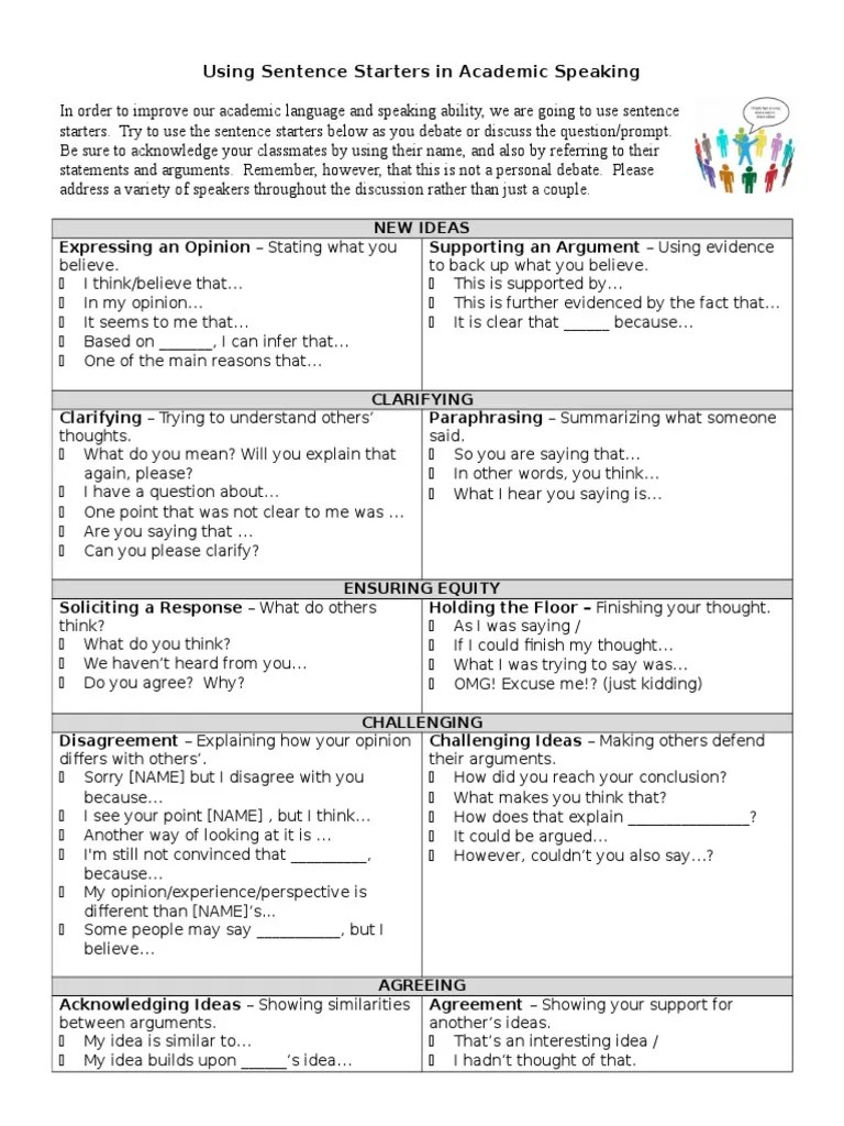 Sentence Starters Debate Notes and Discussion Cards PDF Cognition