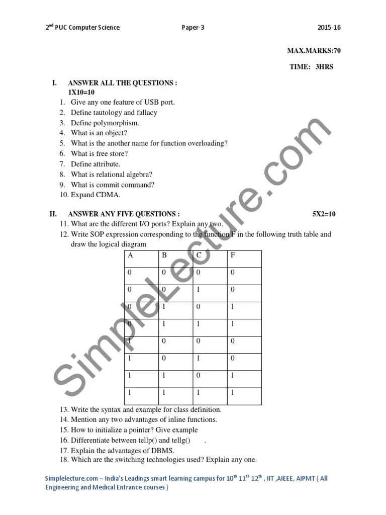 2nd PUC Computer Science Paper 3 PDF Pointer Programming) Areas Of Computer Science