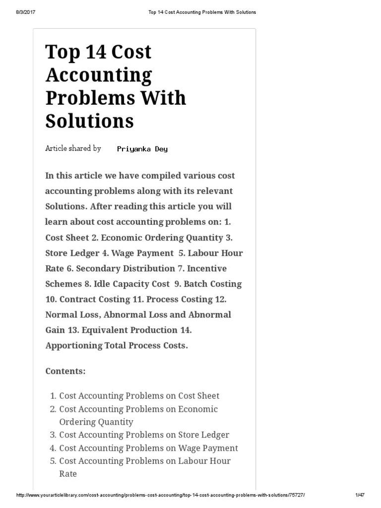 Top 14 Cost Accounting Problems With Solutions PDF Cost Accounting