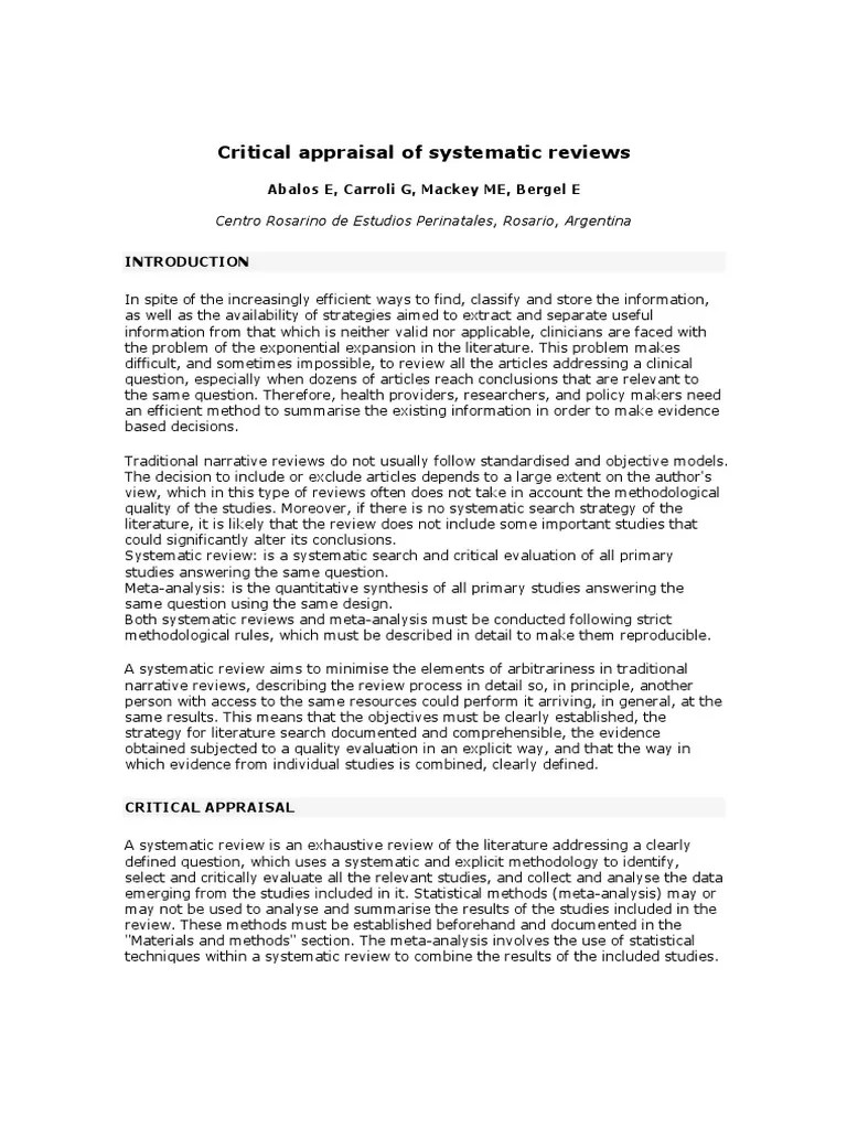 Critical appraisal of systematic reviews.pdf Systematic Review Meta