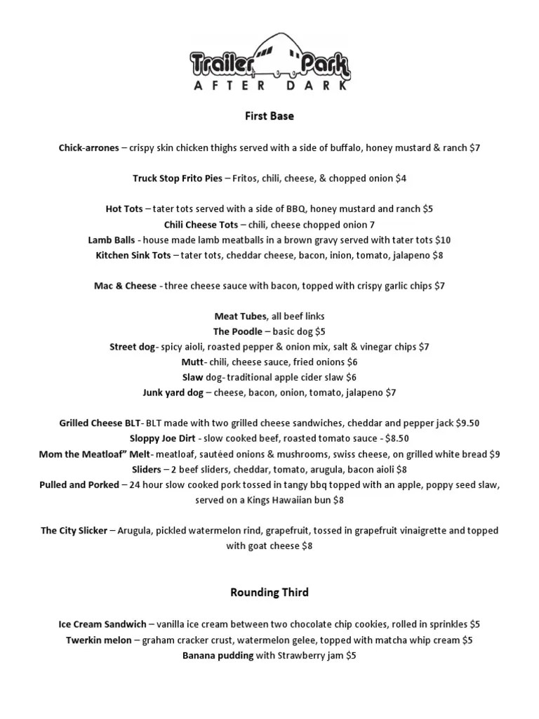 Trailer Park After Dark Menu Coleslaw Bacon