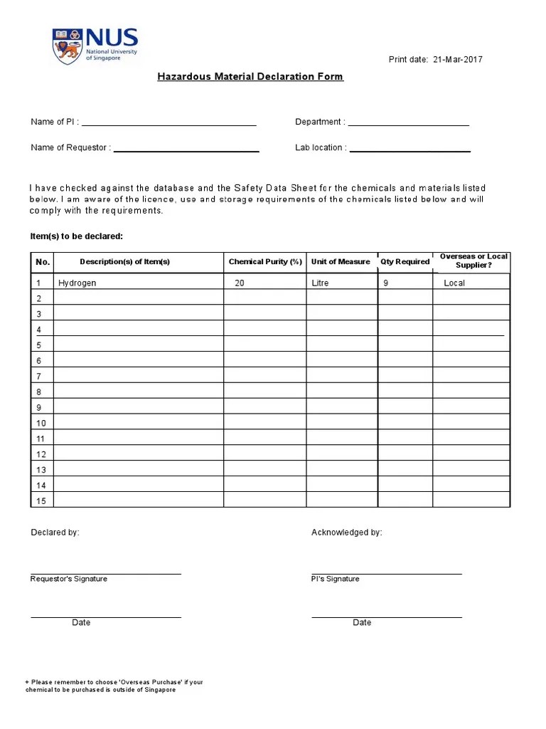 Hazardous Material Declaration Form Item(s) To Be Declared No PDF