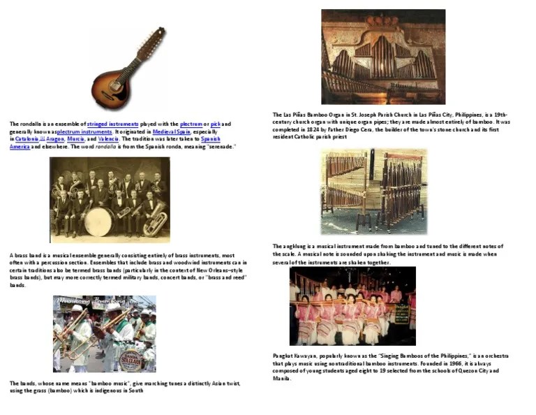 RONDALLA, BRASS BAND, MUSIKONG BUMBONG, BAMBOO ORGAN, ANKLUNG, PANGKAT