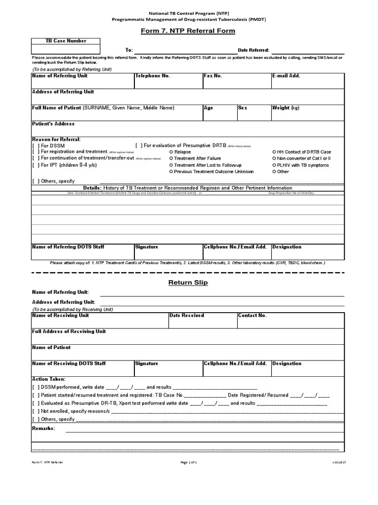 National TB Control Program Form 7 Referral Form Tuberculosis