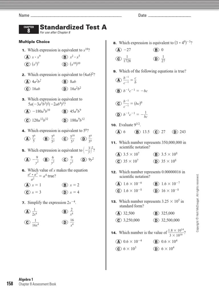 Holt Algebra 1_Chapter 08_Standardized Test.pdf Function (Mathematics