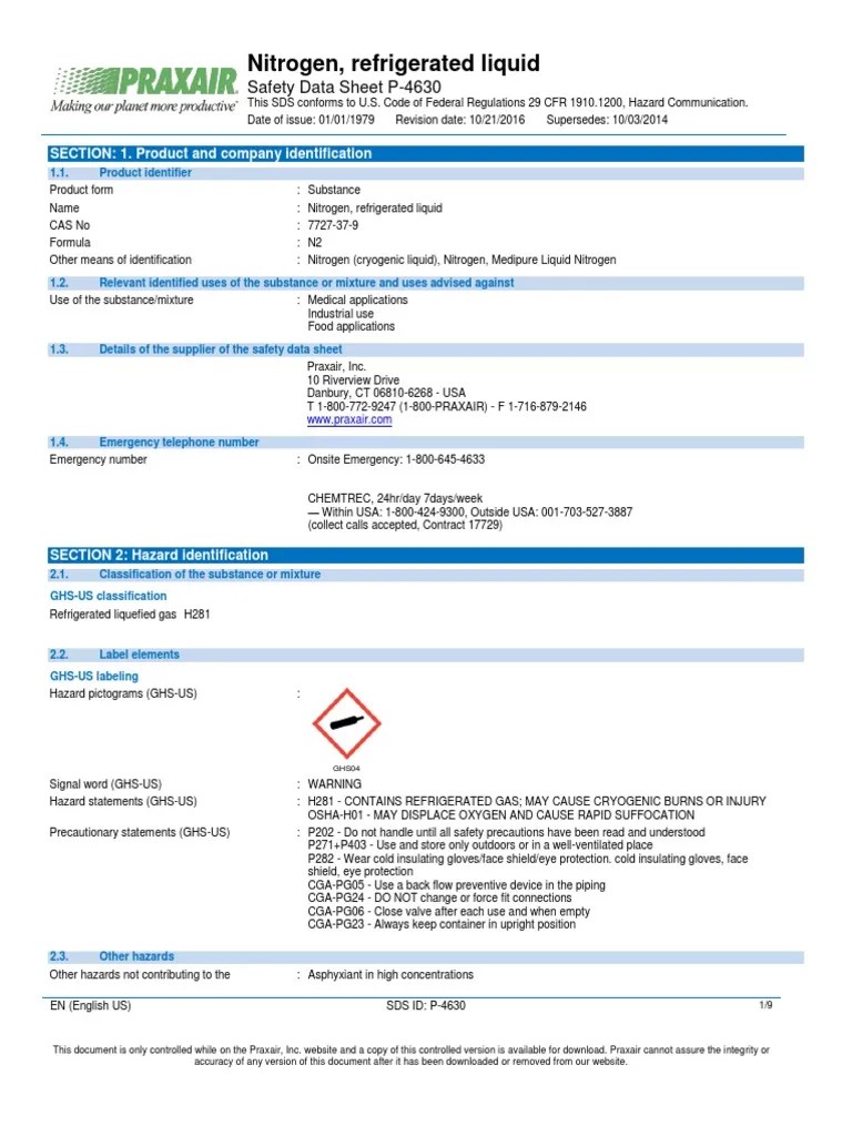 Liquid Nitrogen Medipure Gas n2 Safety Data Sheet Sds p4630