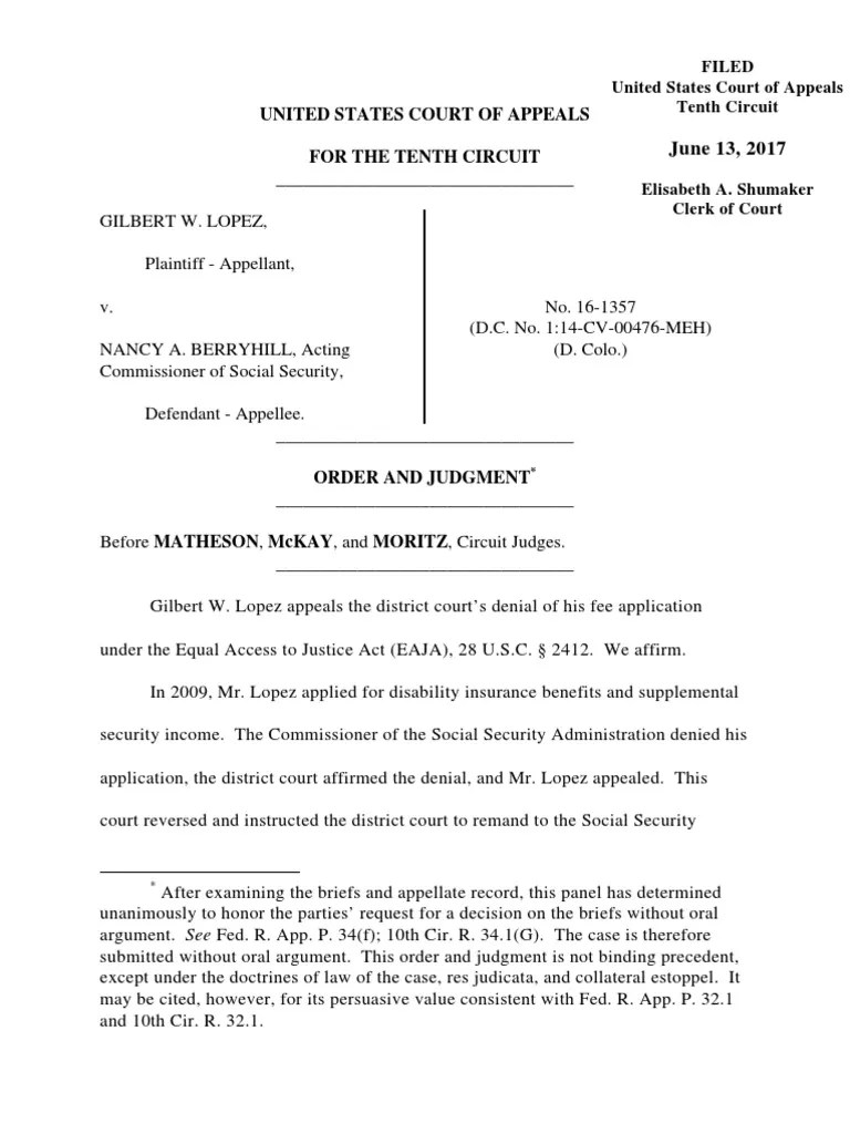 Lopez v. Berryhill, 10th Cir. (2017) PDF Equal Access To Justice