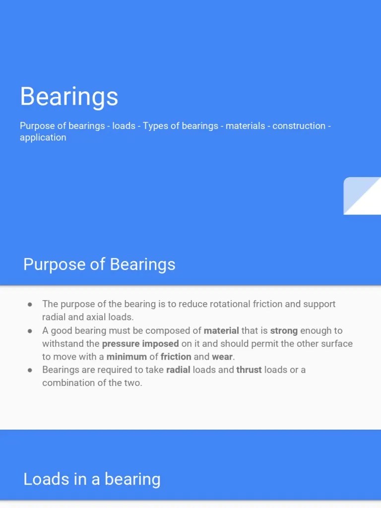 Bearings Purpose of Bearings Loads Types of Bearings Materials Construction