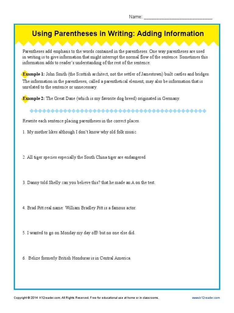 Using Parentheses in Writing Adding Information PDF Bracket