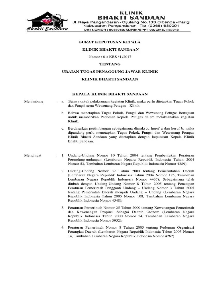 Sk Uraian Tugas Penanggung Jawab Klinik Edoc Jawaban Bersama
