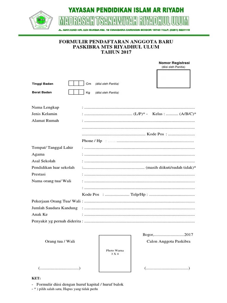 Contoh Formulir Ekskul