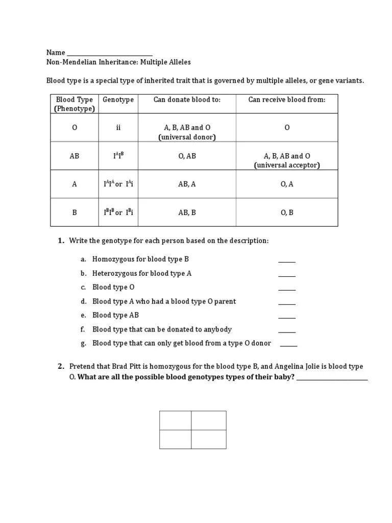 ABO Blood Type Worksheet PDF Zygosity Genotype