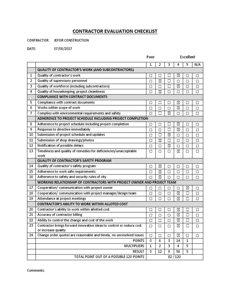 Contractor Evaluation Checklist General Contractor Engineering