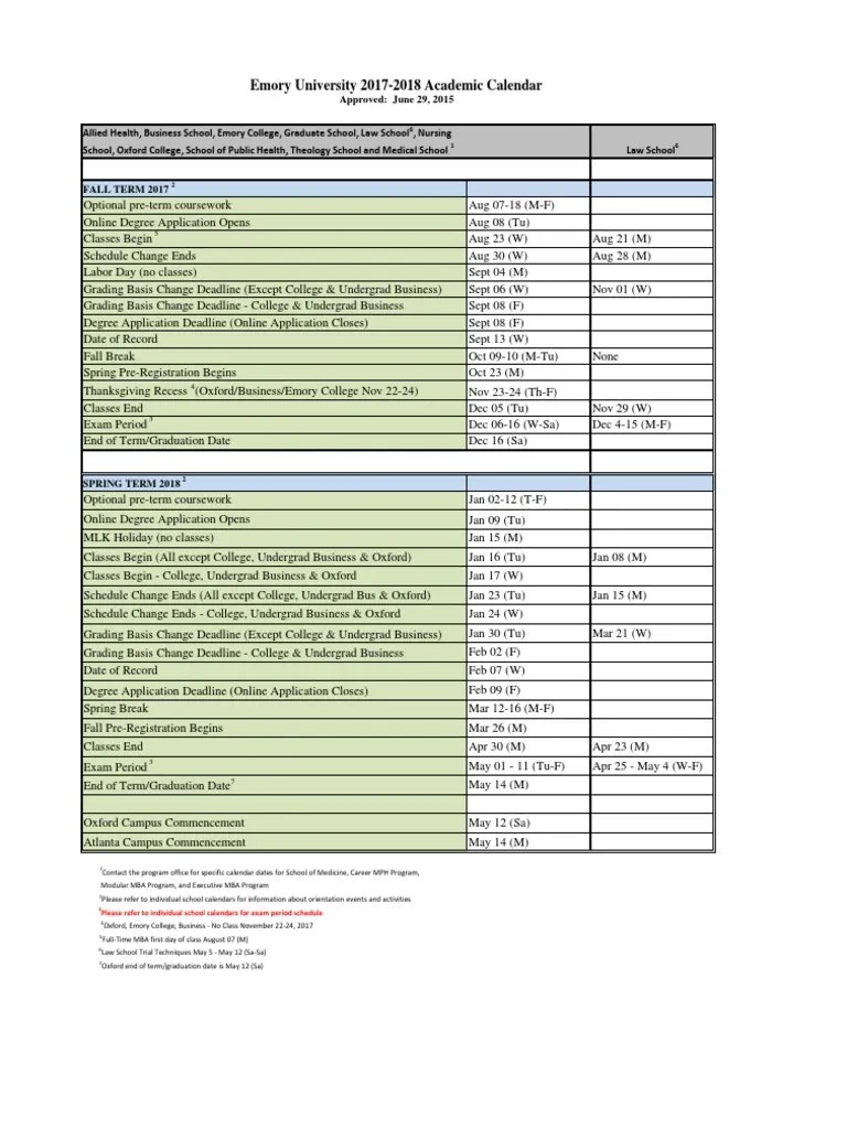 Emory University 20172018 Academic Calendar PDF Academic Term