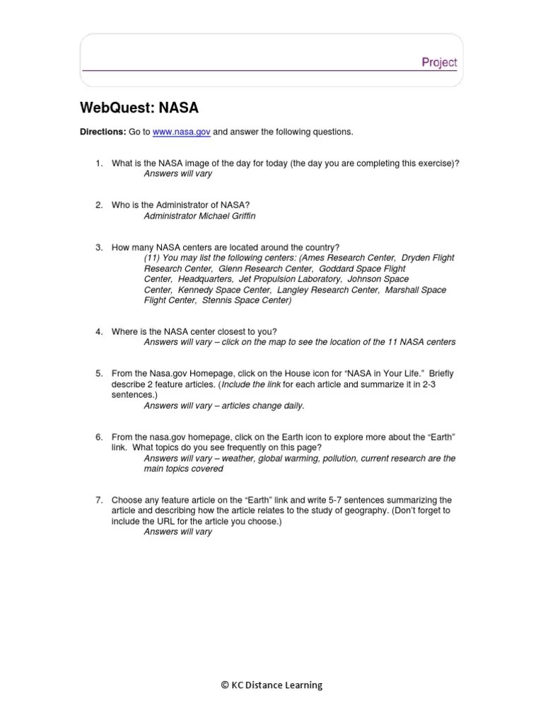 WebQuest NASA Worksheet Answers