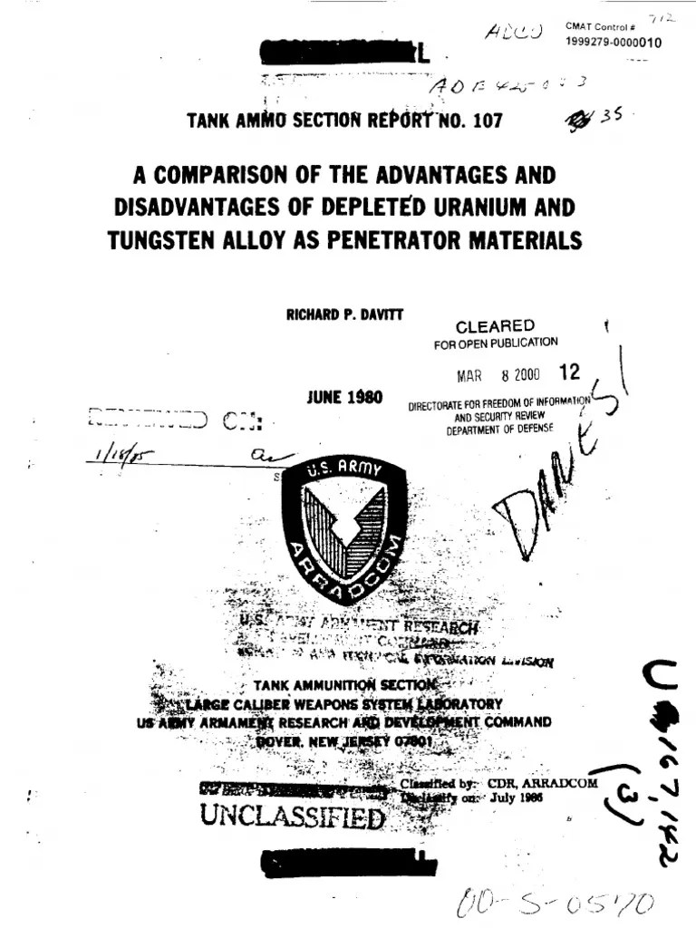 Depleted Uranium Vs Tungsten For Tank Un Ammunition Report No 107 PDF PDF