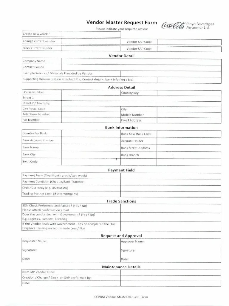 Vendor Master Request Form Cheque Banking