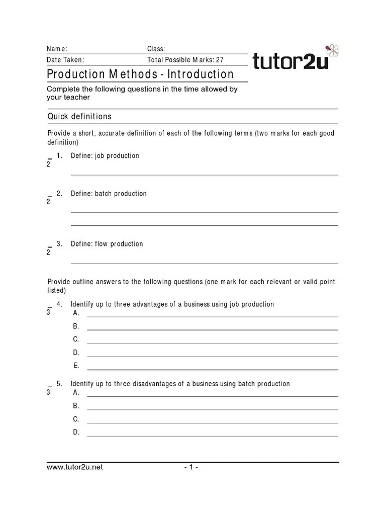 Tutor2u Production Methods Introduction Worksheet PDF Mass