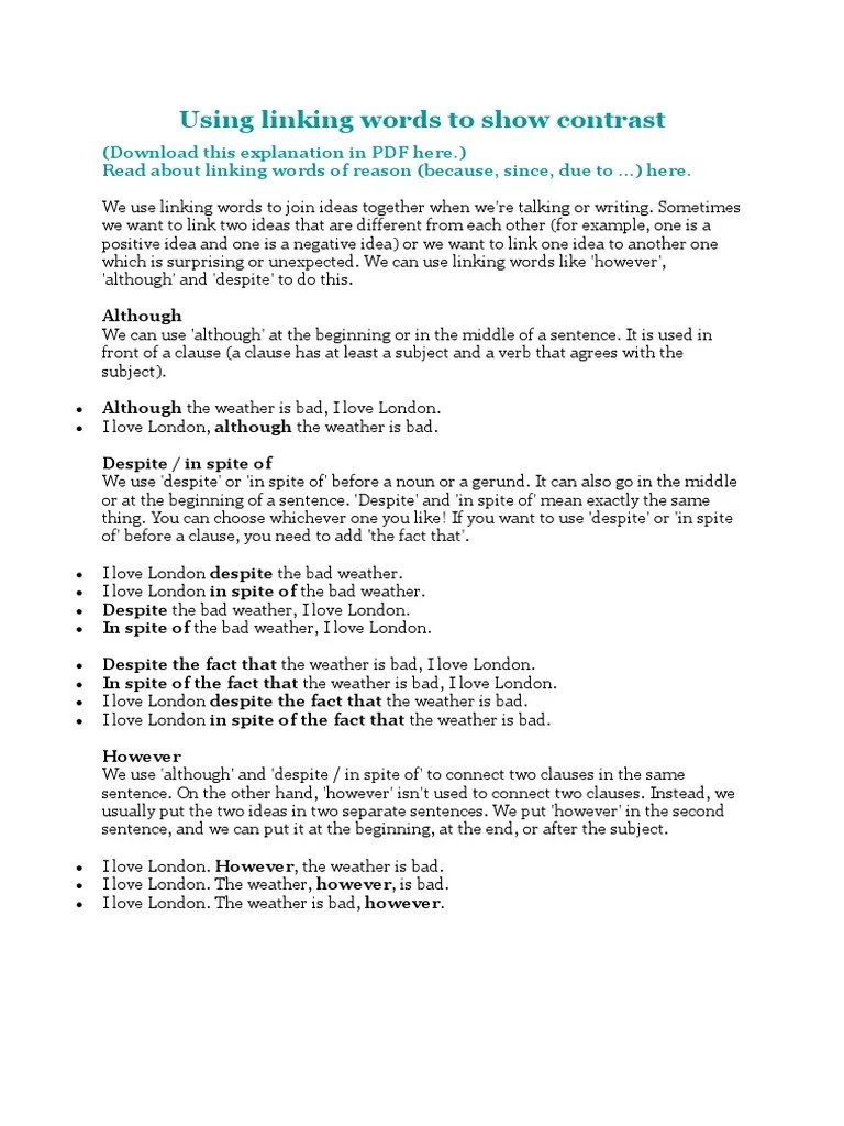 Using Linking Words To Show Contrast PDF PDF Sentence (Linguistics) Clause