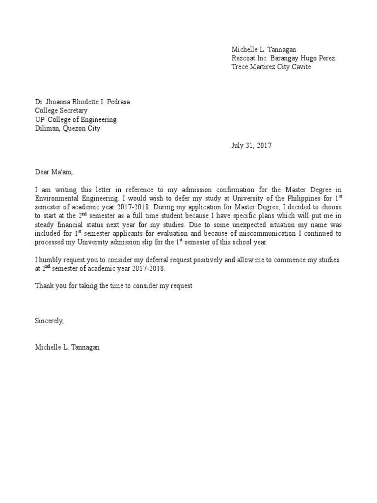 Deferment Letter For Master | PDF