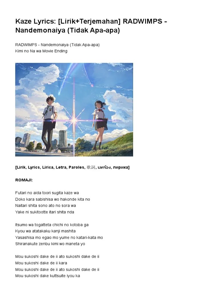 (Lirik+Terjemahan) RADWIMPS - Nandemonaiya (Tidak Apa-Apa) - Kaze Lyrics |  PDF
