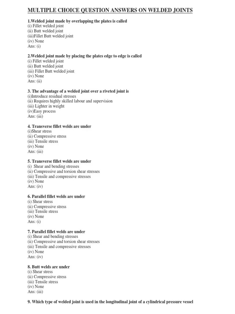 Multiple Choice Question Answers Stress (Mechanics) Welding