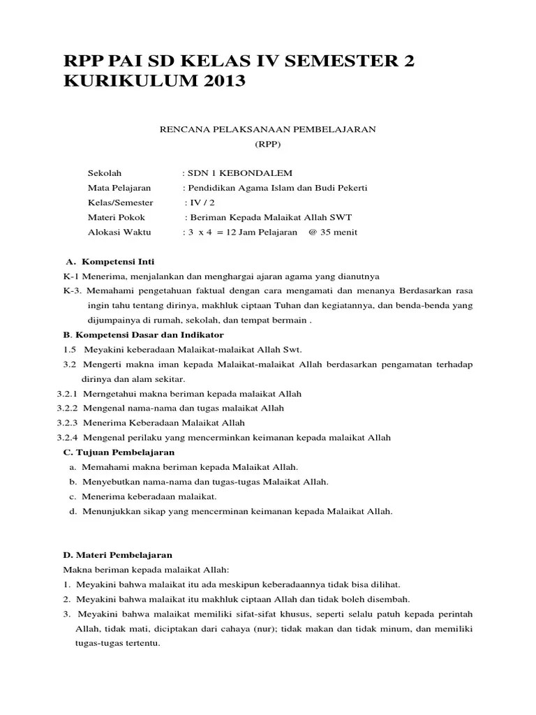 Rpp Pai Sd Kelas IV Semester 2 Kurikulum 2013
