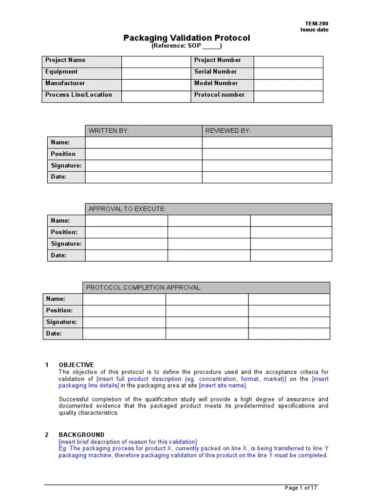 TEM280 Packaging Validation Protocol Template Sample Verification
