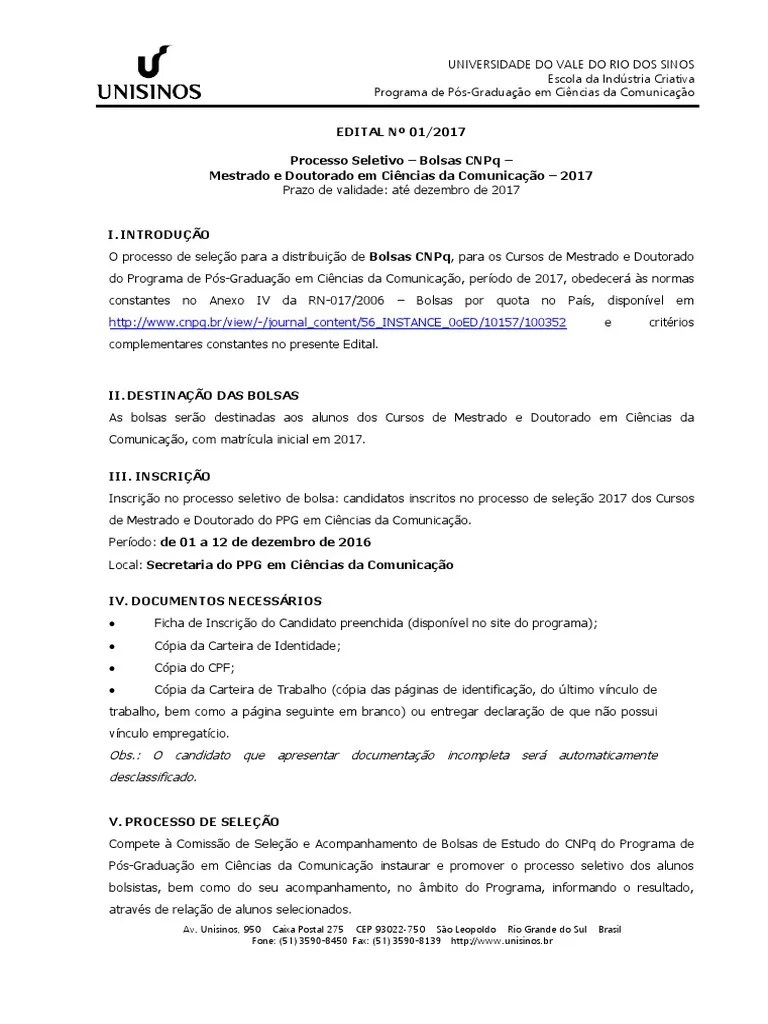 Edital de Bolsa CNPQ Mestrado em comunicação Unisinos (2017)