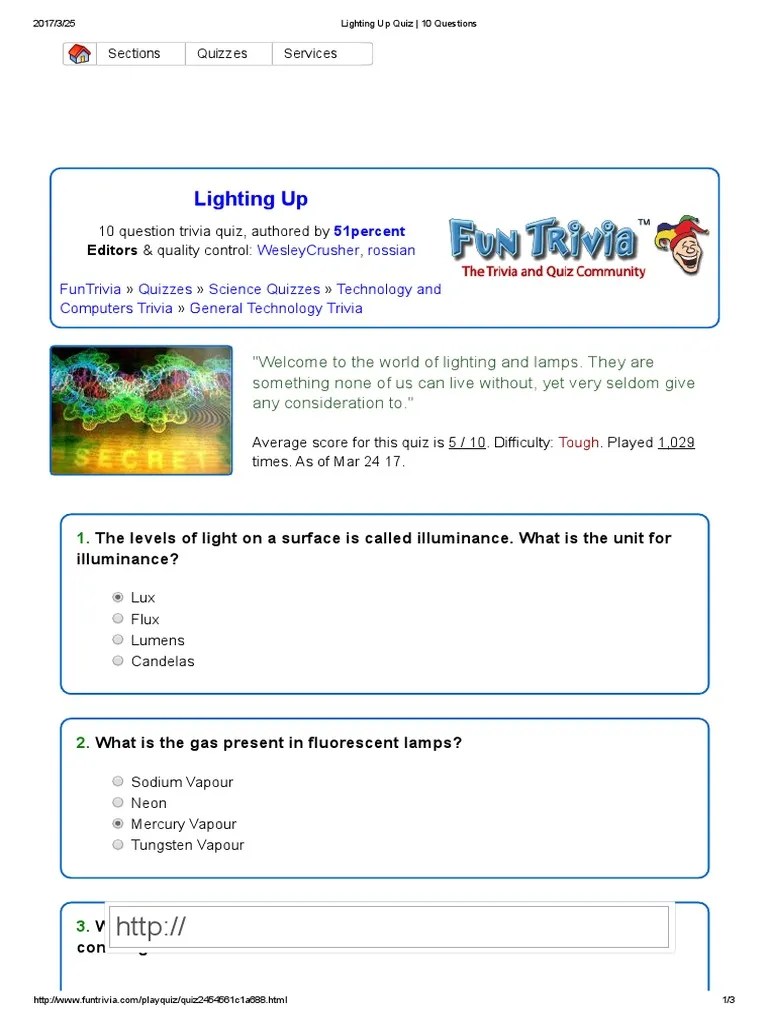 Lighting Up Quiz 10 Questions PDF Fluorescent Lamp Lighting