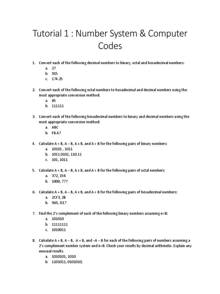 Tutorial 1 Number System and Computer Codes 2016 PDF