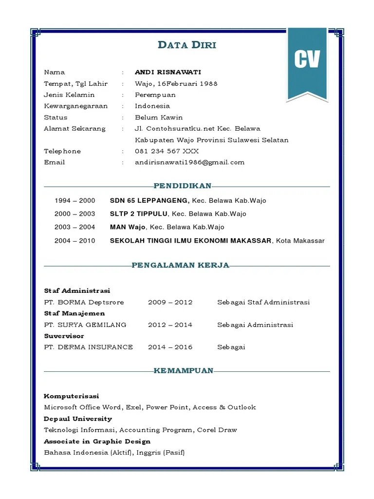 10 Contoh CV (Daftar Riwayat Hidup) Terbaru Format Word 2016 PDF