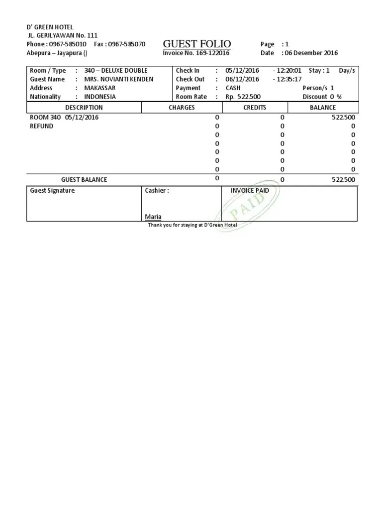 Contoh Bill Hotel Papua | PDF