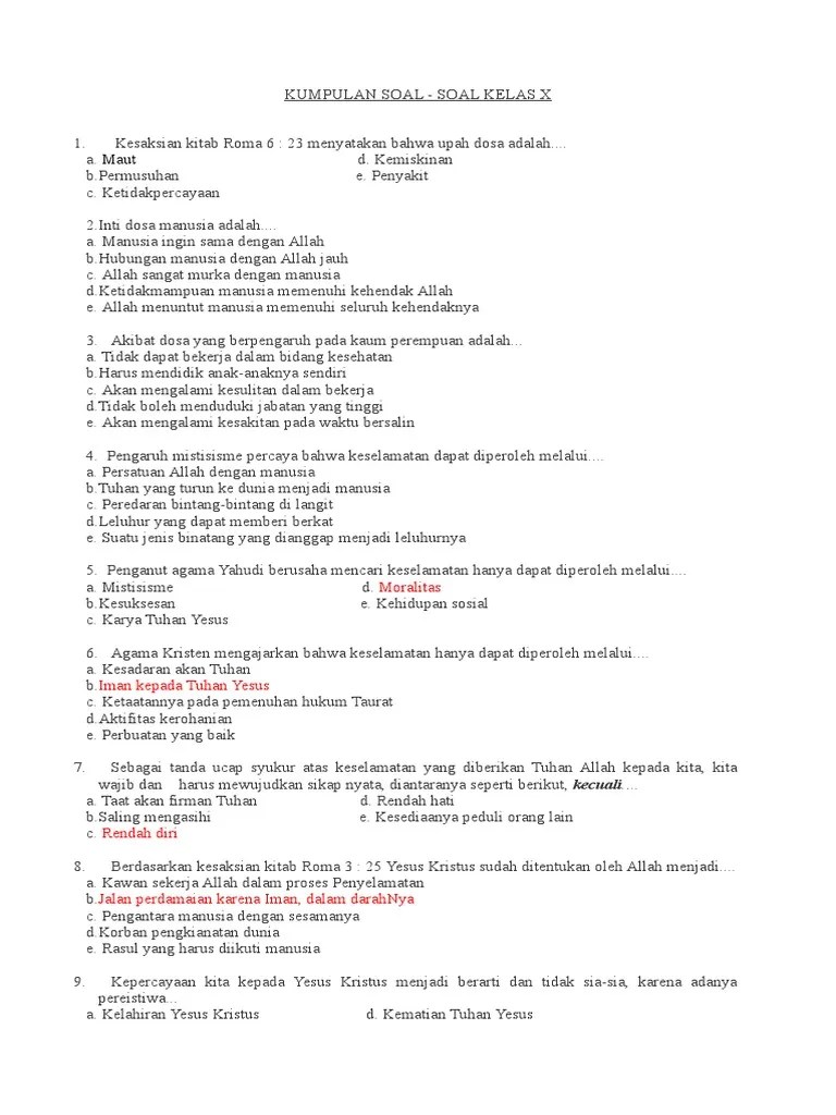 Soal Agama Kristen Kelas 11 Semester 2 Beserta Jawabannya