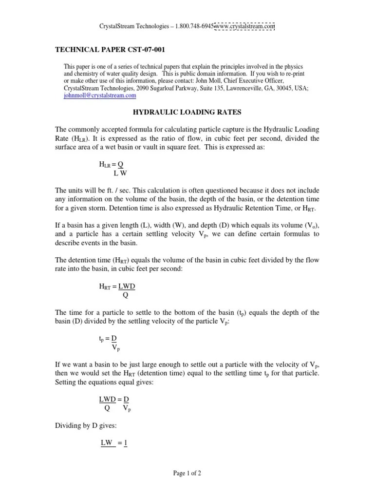 Hydraulic Loading Rates Volume Velocity