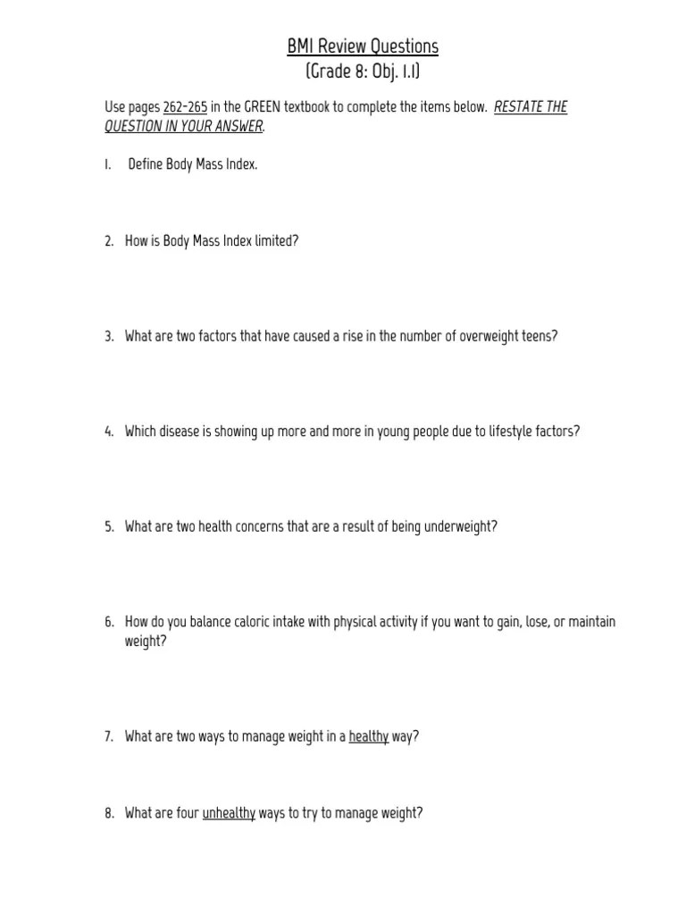 BMI Review Questions (Grade 8 Obj. 1.1) THE IN Your Answer PDF