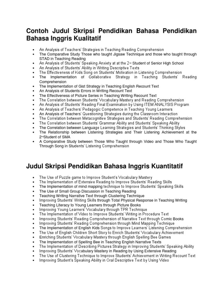 Contoh Judul Skripsi Pendidikan Bahasa Pendidikan Bahasa Inggris Kualitatif | Pdf | Reading Comprehension | Vocabulary