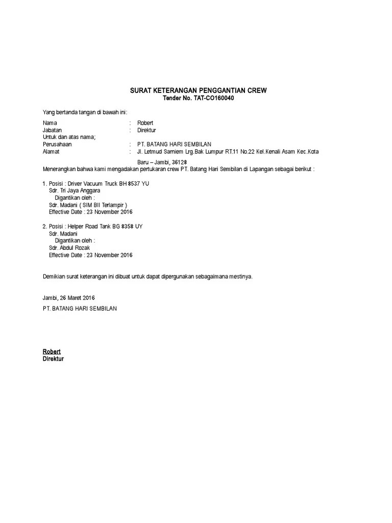 SUrat Keterangan Pergantian Crew | PDF