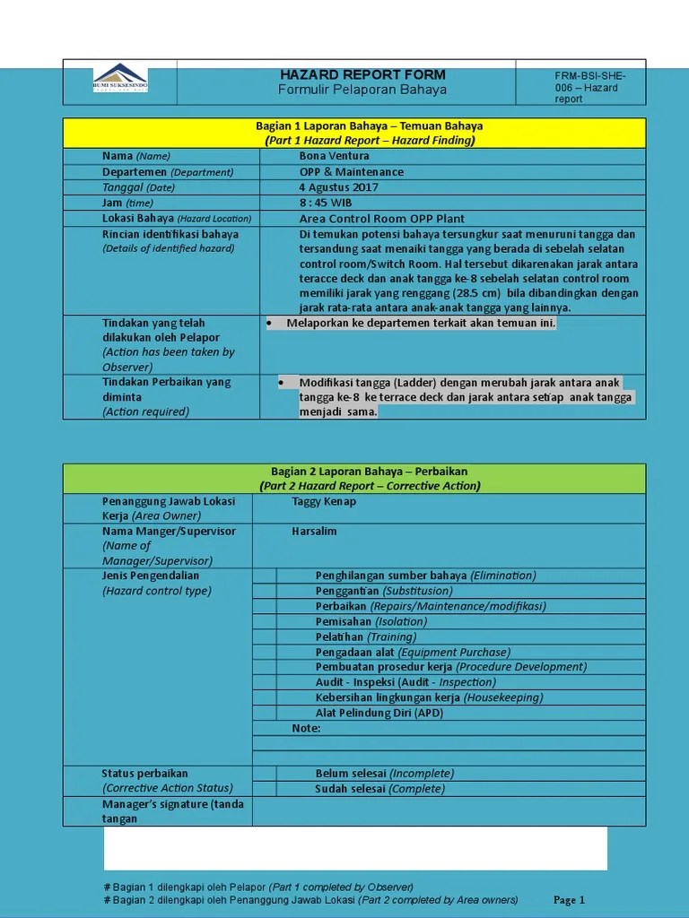 Contoh Laporan Hazard Report DalesrKennedy