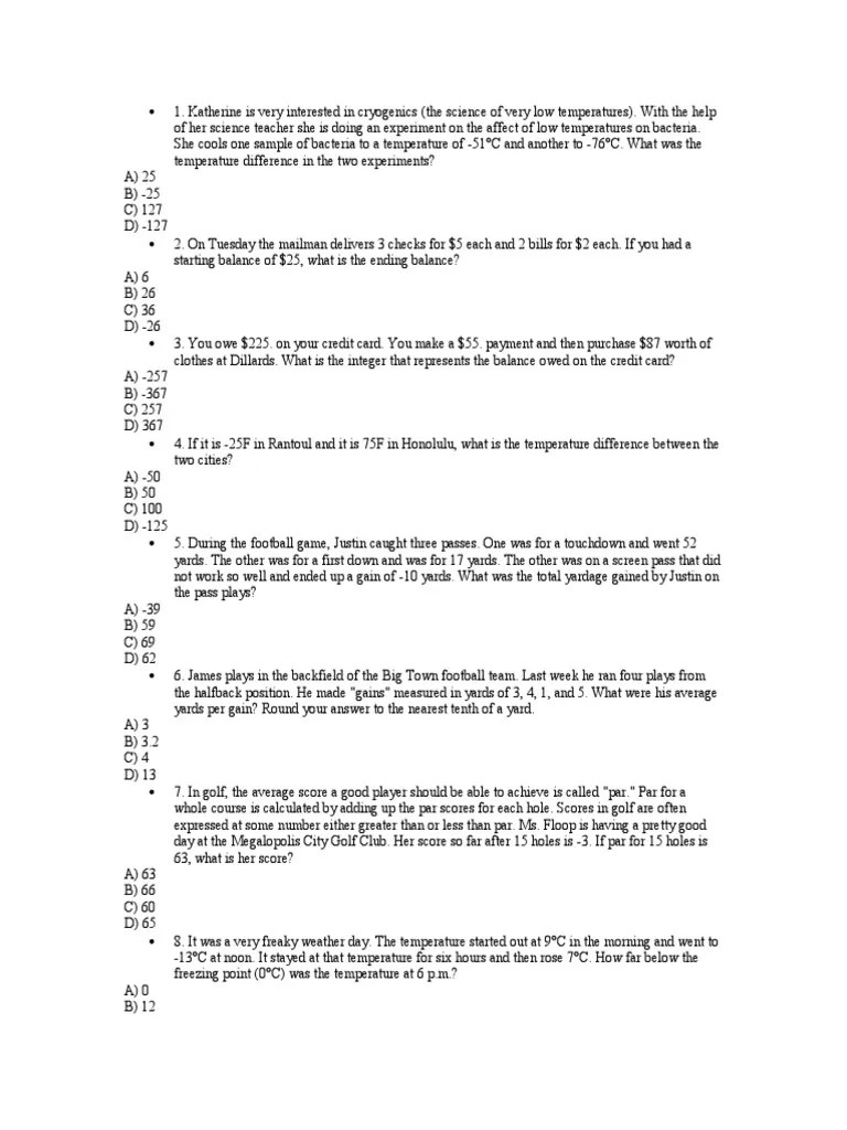 Word Problems_Integer Operations_Multiple Choice Par (Score) Cryogenics