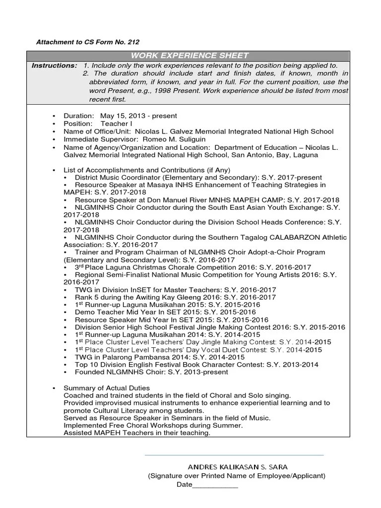 Work Experience Sheet | PDF | Choir | Teachers