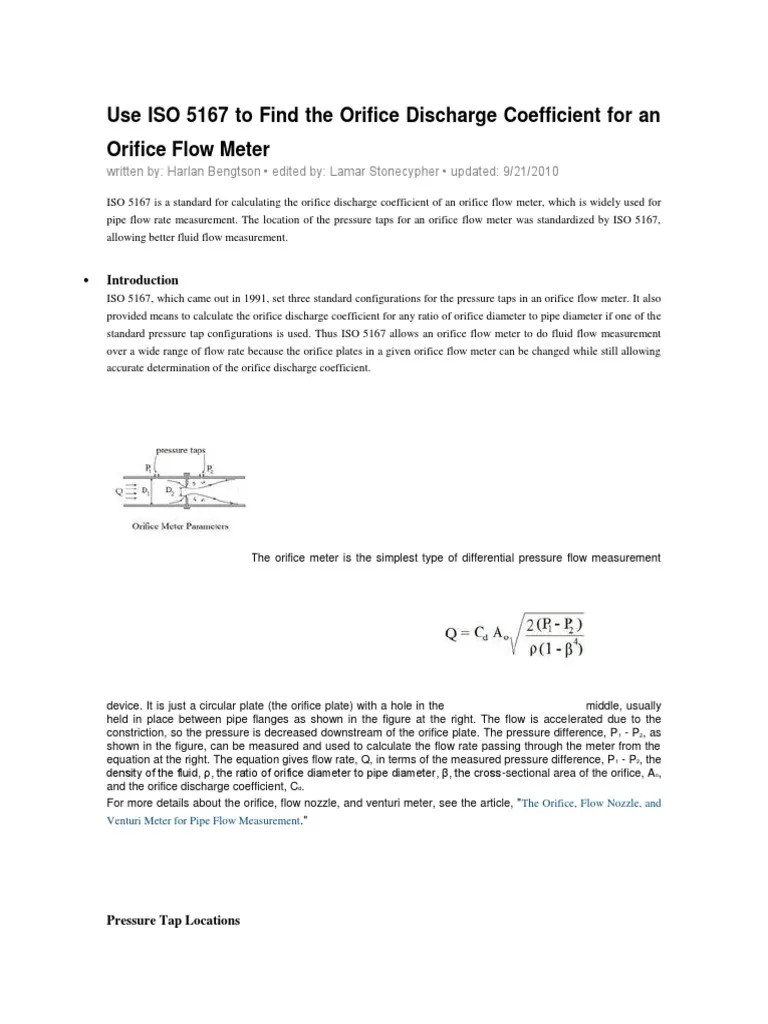 Use ISO 5167 To Find The Orifice Discharge Coefficient For An Orifice