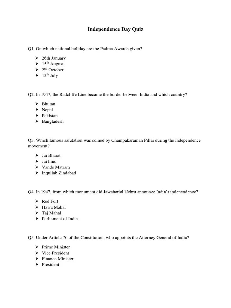 Independence Day Quiz PDF Jawaharlal Nehru Resistance To The British Empire