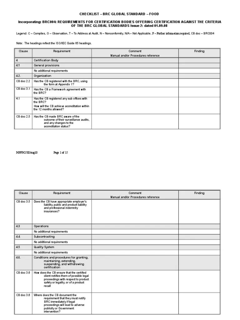 G65 BRC Checklist (1Aug10) 2 Audit Auditor's Report
