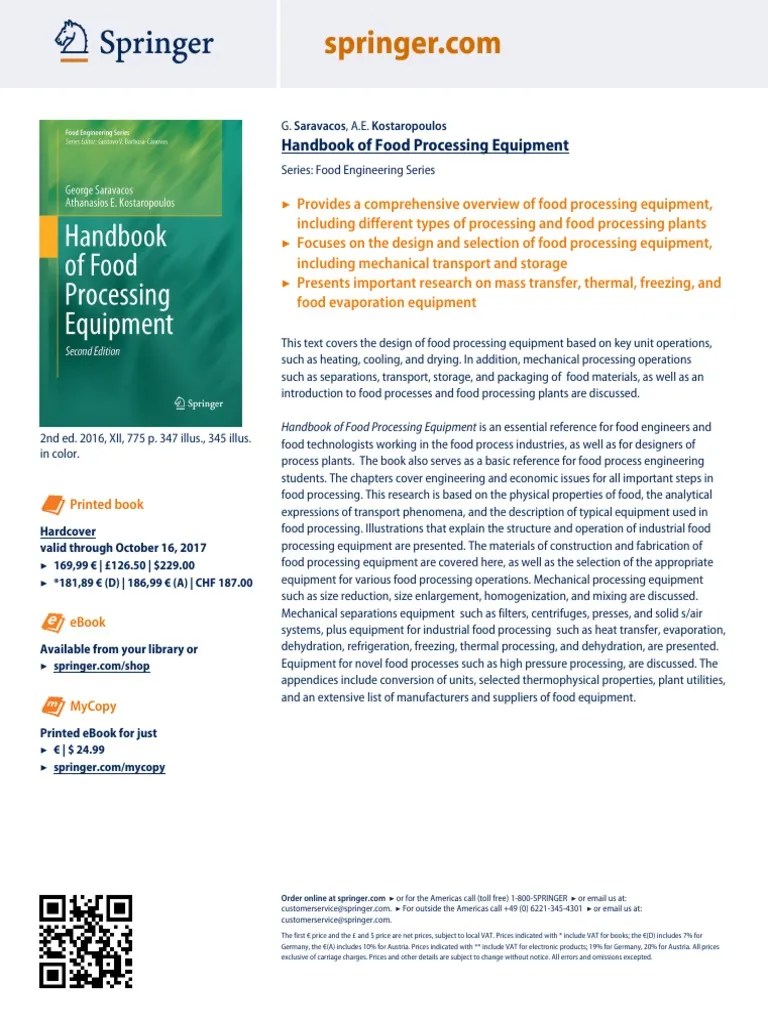 Handbook of Food Processing Equipment Printed Book PDF Food