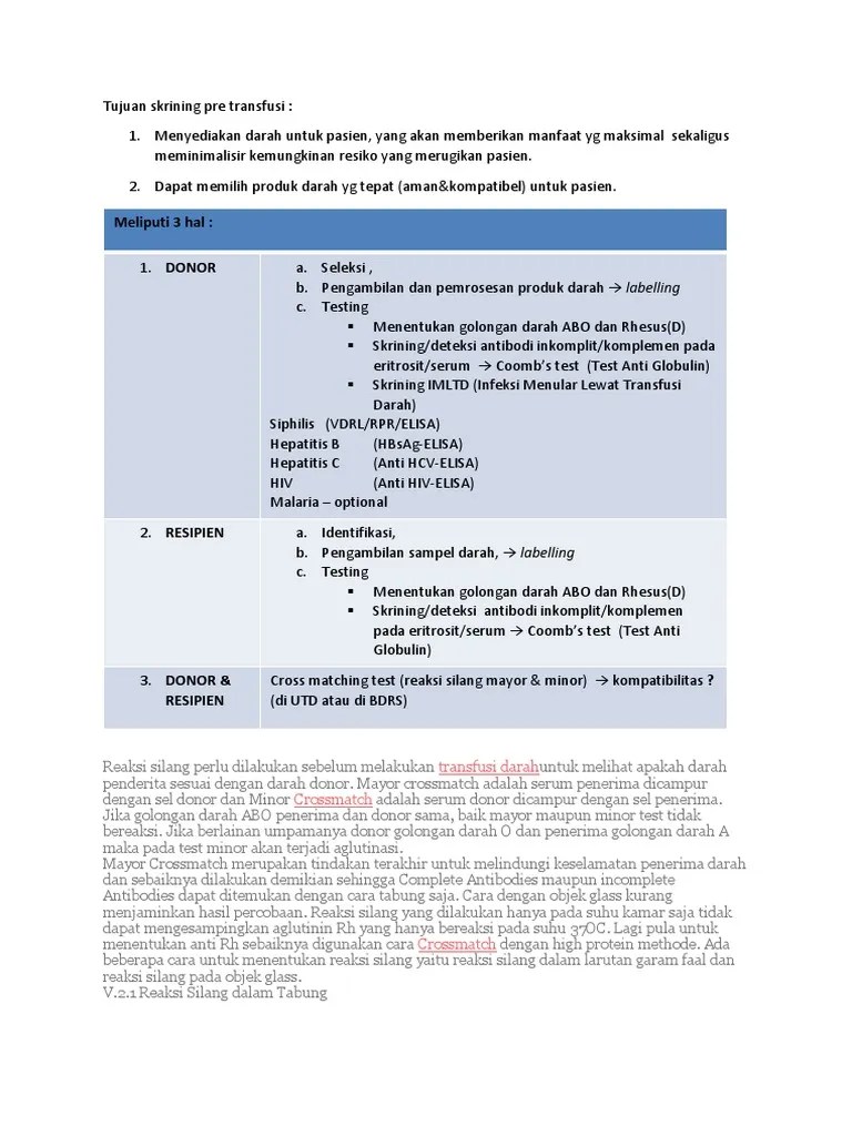 Tujuan Skrining Pre Transfusi | PDF