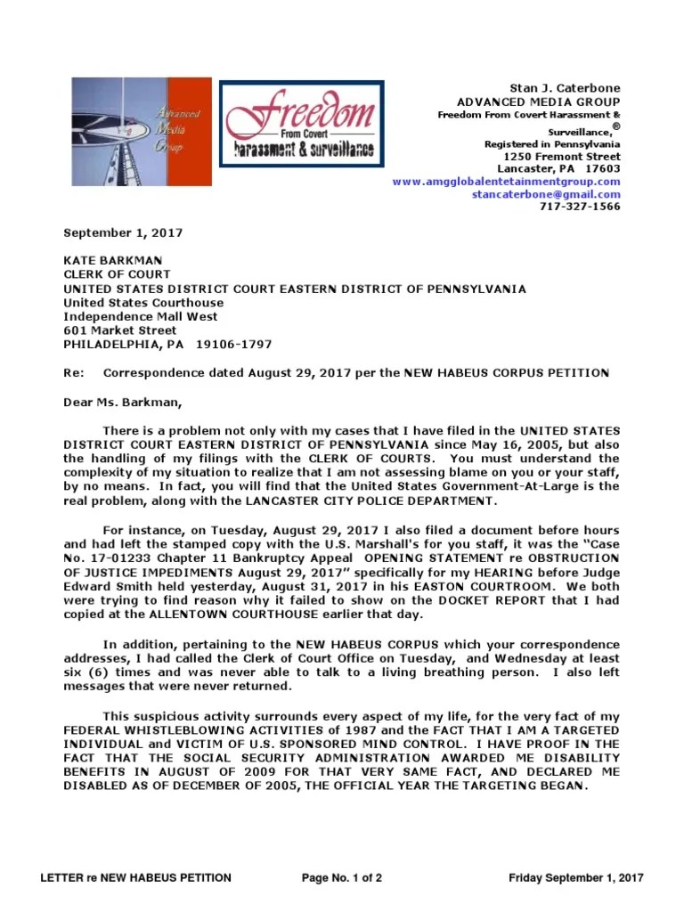 LETTER TO U.S. DISTRICT CLERK KATE BARKMAN Re PETITIONER STAN J