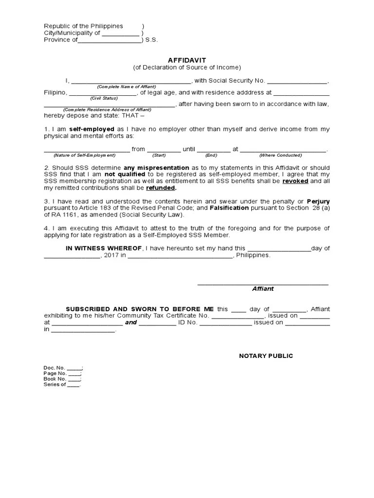 Affidavit of Declaration of Source of (self employed).doc